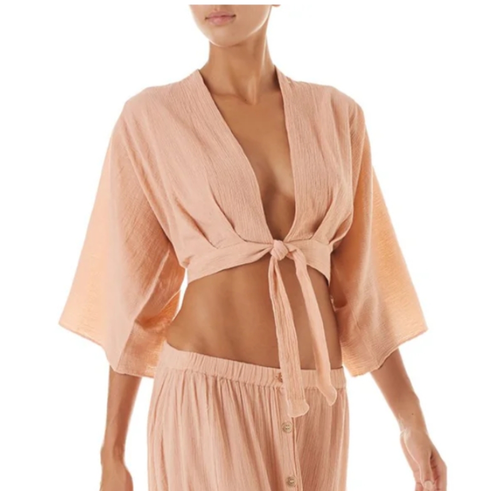 NWT Melissa Odabash MILA TAN TIE-FRONT CROPPED BLOUSE